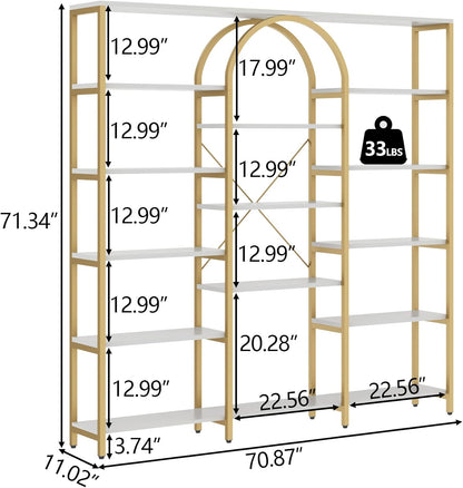 Triple Wide Gold Bookshelf, 70.87" W x 71.34" H Large Modern Etagere Bookcase, Tall Display Shelf with 13-Tier Open Shelves, Freestanding Staggered Storage Shelf for Home Office (White/Gold)