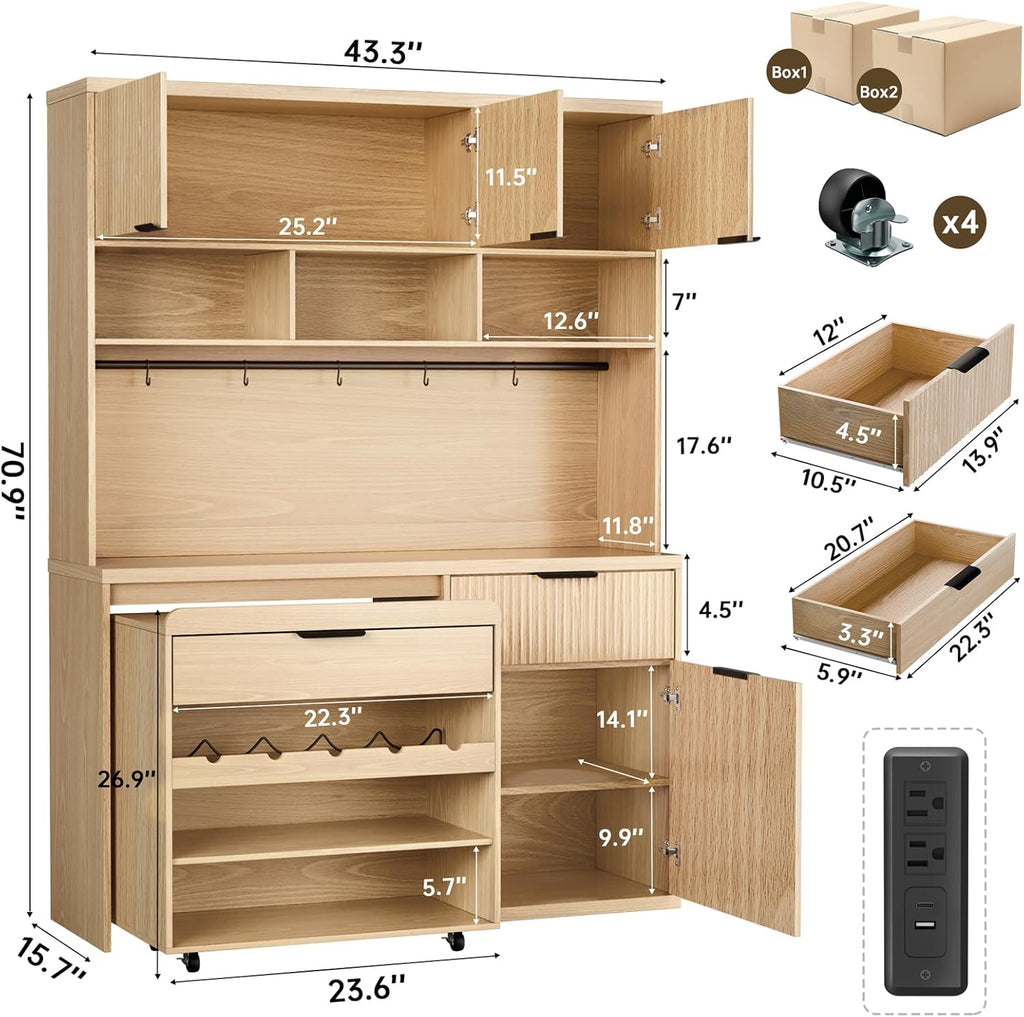71" Tall Pantry Cabinet with Wine Cabinet Cart, Kitchen Storage Cabinets with LED Light & Charging Station, Kitchen Hutch with Microwave Stand, Freestanding Food Pantry with for Dining Room, Natural