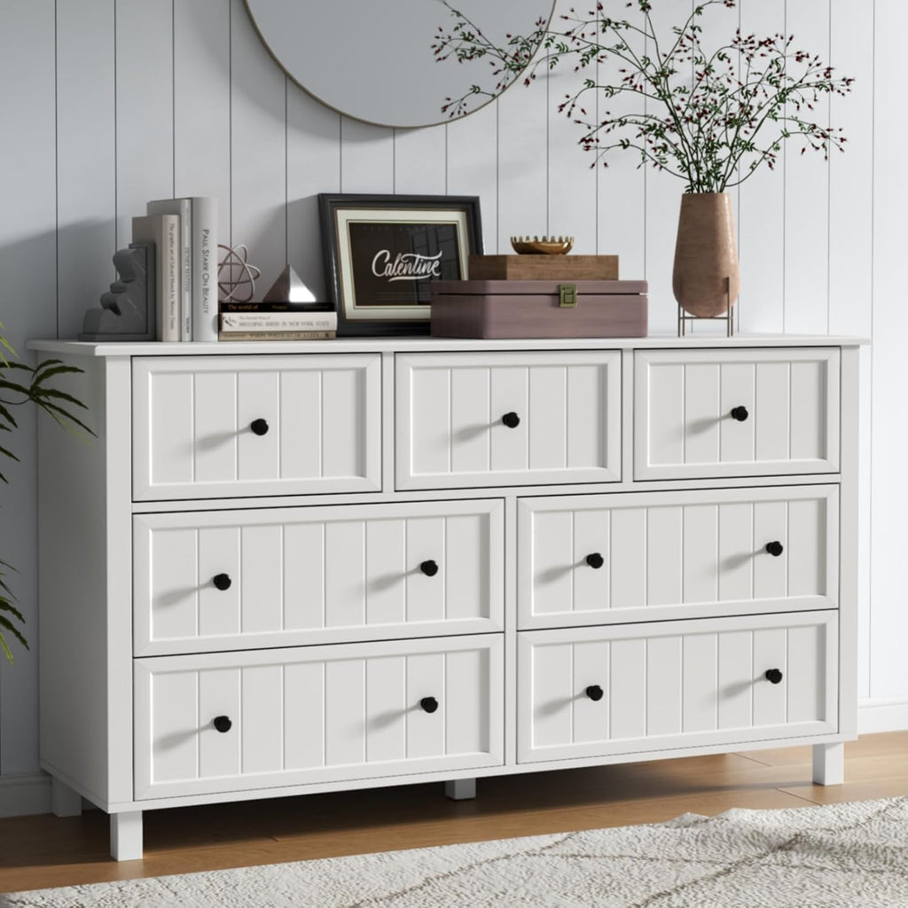 Farmhouse 7 Drawers Dresser for Bedroom, White Dresser Chest of Drawers, Wood Storage Dressers with Deep Drawers and Metal Handle, Wide Modern Dressers & TV Stand for Living Room, Closet, Hallway