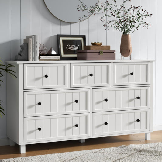 Farmhouse 7 Drawers Dresser for Bedroom, White Dresser Chest of Drawers, Wood Storage Dressers with Deep Drawers and Metal Handle, Wide Modern Dressers & TV Stand for Living Room, Closet, Hallway