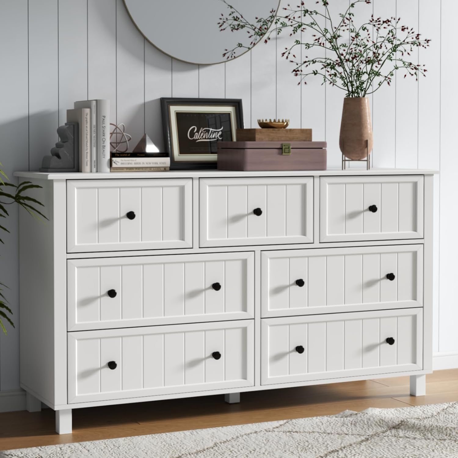 Farmhouse 7 Drawers Dresser for Bedroom, White Dresser Chest of Drawers, Wood Storage Dressers with Deep Drawers and Metal Handle, Wide Modern Dressers & TV Stand for Living Room, Closet, Hallway