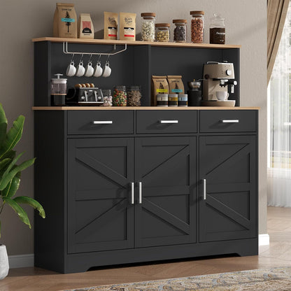 Buffet Cabinets with 3 Drawers, Farmhouse Sideboard Storage Cabinet with Goblet Holder, Large Coffee Bar with 3 Doors, Wood Buffet Table with Adjustable Shelf for Kitchen, Dining Room