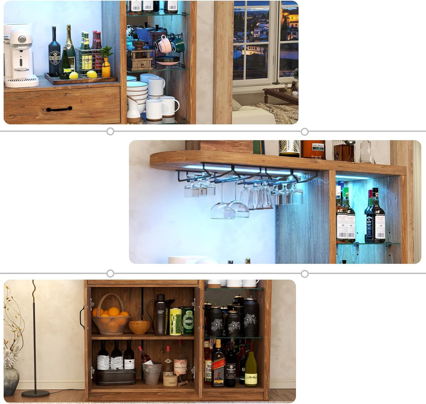 Bar Cabinet with LED Light,Wine Cabinet with Wine Glass Holder,Liquor Cabinet with Glass Display Cabinet,Coffee Bar with Storage and 2 Drawers,Bar Island for Home Dining Room (Vintage Brown)