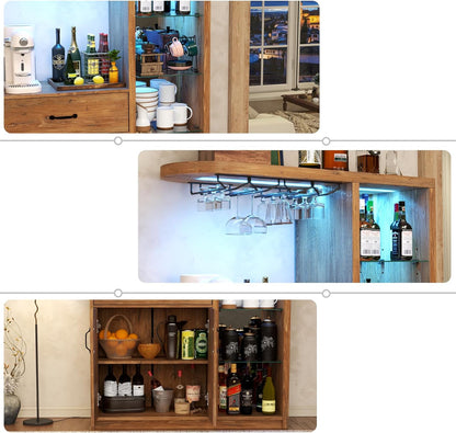 Bar Cabinet with LED Light,Wine Cabinet with Wine Glass Holder,Liquor Cabinet with Glass Display Cabinet,Coffee Bar with Storage and 2 Drawers,Bar Island for Home Dining Room (Vintage Brown)