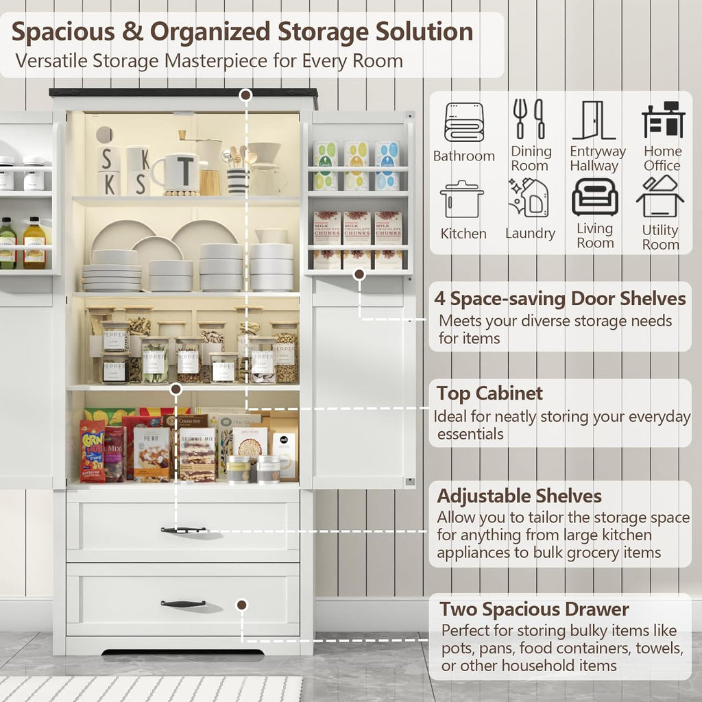 Tall Farmhouse Kitchen Cabinet with Sensor Light, Food Pantry Cabinet with 2 Large Drawers and Adjustable Shelves, Traditional Freestanding Cupboard with Doors for Kitchen (White)