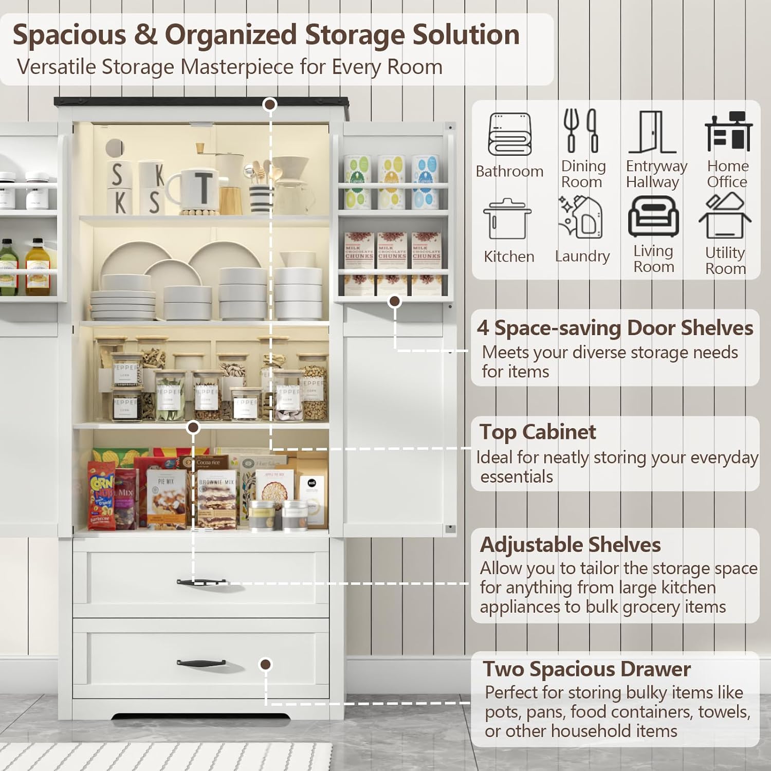 Tall Farmhouse Kitchen Cabinet with Sensor Light, Food Pantry Cabinet with 2 Large Drawers and Adjustable Shelves, Traditional Freestanding Cupboard with Doors for Kitchen (White)