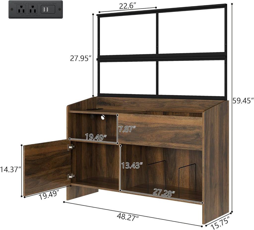 Upgraded Large Record Player Stand, Mid-Century Turntable Stand with Power Outlet, Large Record Player Table Holds Up to 500 Albums, Vinyl Storage Cabinet Display Shelf for Living Room (Walnut)
