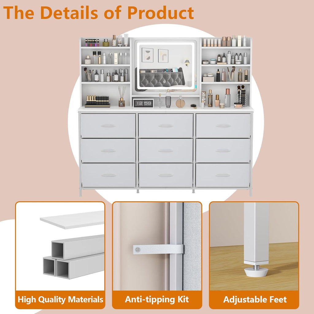 Dresser with Mirror for Bedroom, 59" W Chest of Drawers with LED Mirror, White Dresser with 9 Large Fabric Drawers, Modern Makeup Table Vanity Desk with 6 Storage Shelves, 3 Lighting Modes