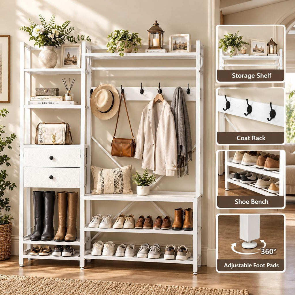 White Hall Tree with Bench and Shoe Storage, 55" Wide Entryway Coat Rack