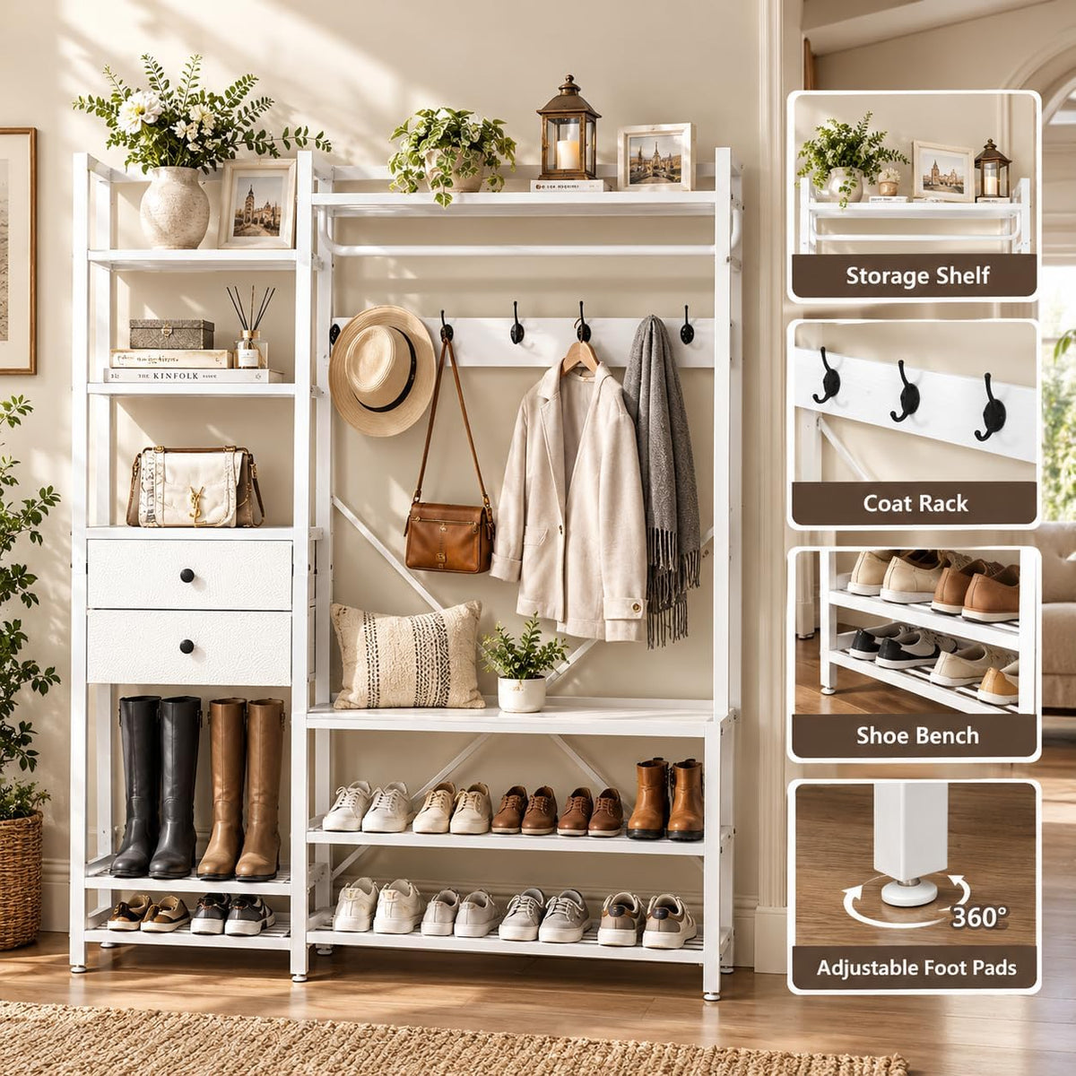 White Hall Tree with Bench and Shoe Storage, 55" Wide Entryway Coat Rack
