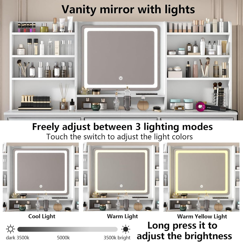 Dresser with Mirror for Bedroom, 59" W Chest of Drawers with LED Mirror, White Dresser with 9 Large Fabric Drawers, Modern Makeup Table Vanity Desk with 6 Storage Shelves, 3 Lighting Modes