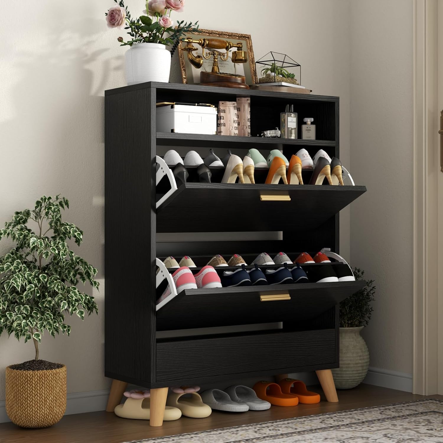 Entryway Shoe Storage Cabinet with 2 Flip Drawers, FreestandingShoe Organizer for Entryway, Narrow Shoe Rack Cabinet (Black)
