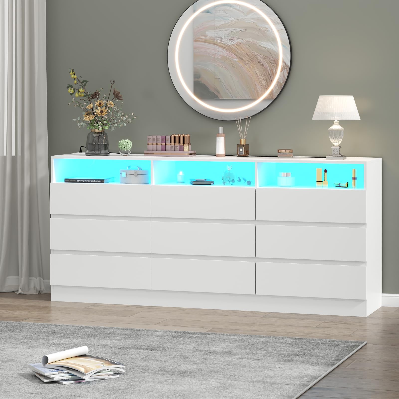 6 Drawer Double Dresser with Power Outlet, Accent Chests of Drawers with LED Light, Modern White Storage Dresser with Charging Station (Mirror Not Included)