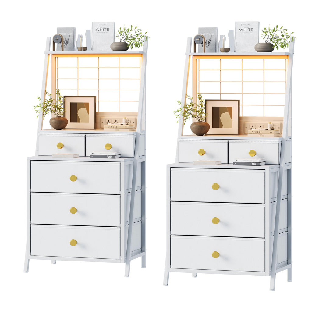 Tall Night Stand with 5 Drawers, White Nightstand with Charging Station LED Night Stand with 3-Tier Storage Shelf for Bedroom Living Room & Dorm (1, Black)