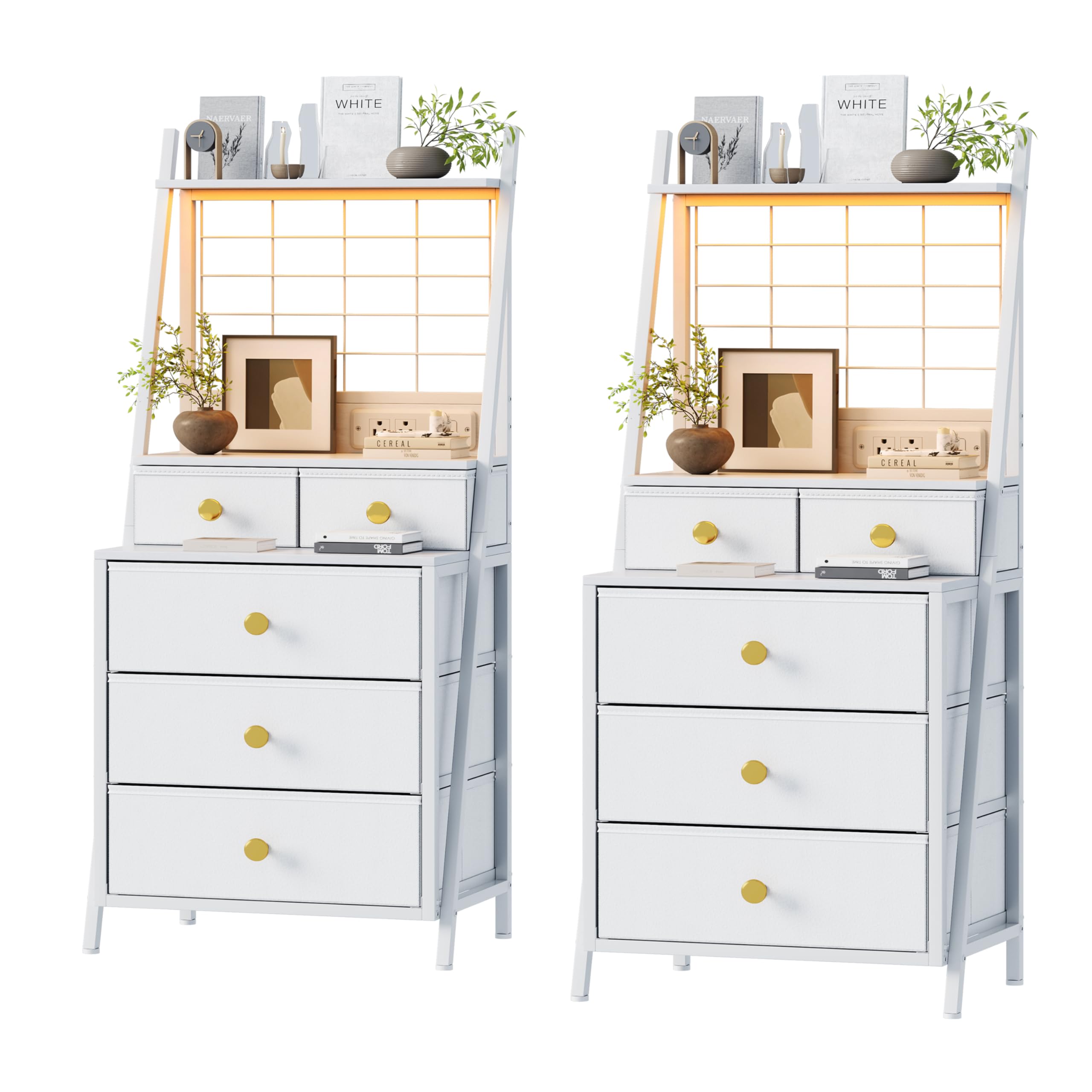 Tall Night Stand with 5 Drawers, White Nightstand with Charging Station LED Night Stand with 3-Tier Storage Shelf for Bedroom Living Room & Dorm (1, Black)