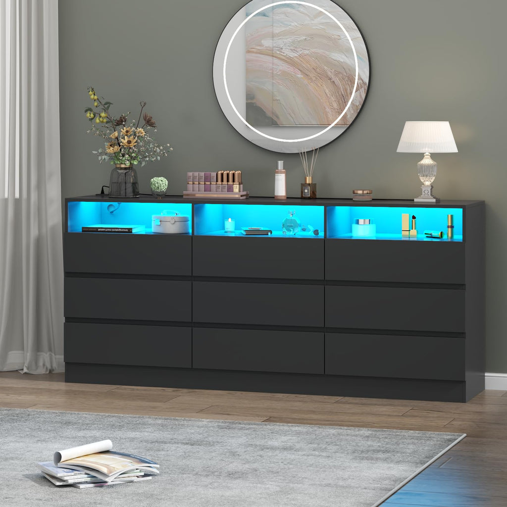 6 Drawer Double Dresser with Power Outlet, Accent Chests of Drawers with LED Light, Modern White Storage Dresser with Charging Station (Mirror Not Included)