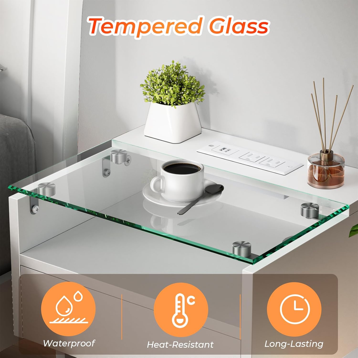 Floating Nightstand with Charging Station, Floating Night Stand with Charging Station and LED, Night Stand for Living Room, Entryway Wall, Bedroom White Nightstand