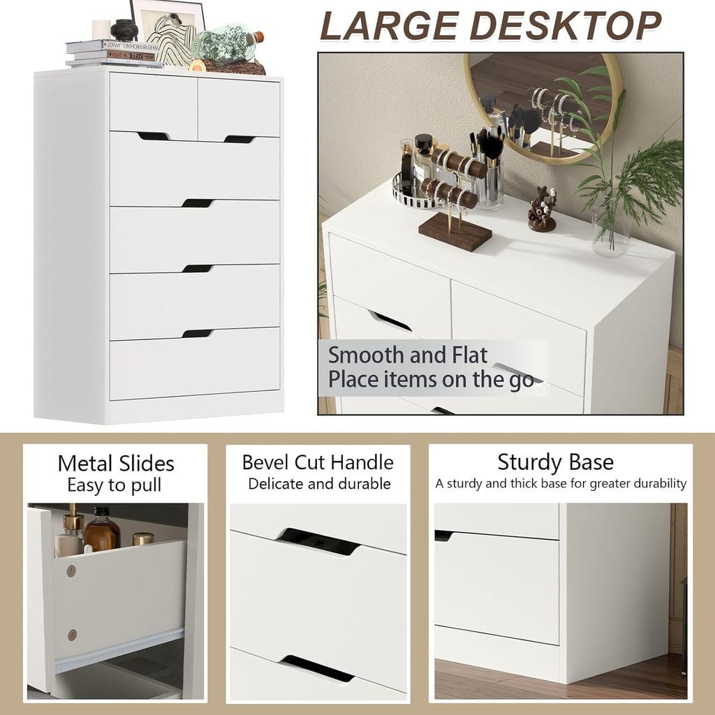 White 6 Drawer Dresser, Tall White Dresser for Bedroom, Modern Chest of Drawers for Living Room, Wooden Drawer Storage Cabinet, 5-Layer Large Capacity Clothing Organizer for Closet, Hallway