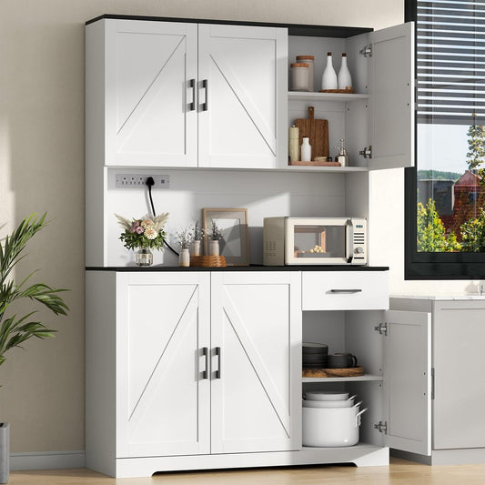 71’’ Farmhouse Kitchen Pantry Cabinet, Tall Storage Cabinet with Power Outlet, Freestanding Hutch with Drawer, 4 Adjustable Shelf & 6 Doors for Kitchen Living Room (White)