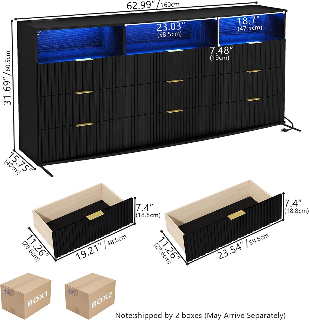 9-Drawer Dresser with 3 Open Cubbies,LED & Power Outlet for Bedroom