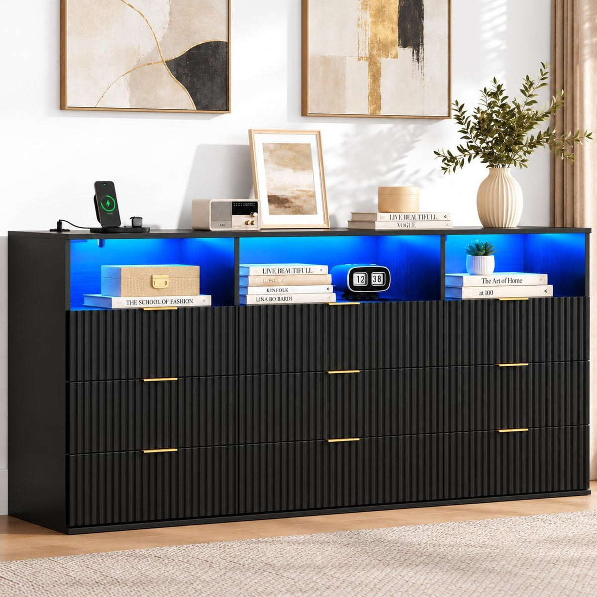 9-Drawer Dresser with 3 Open Cubbies,LED & Power Outlet for Bedroom