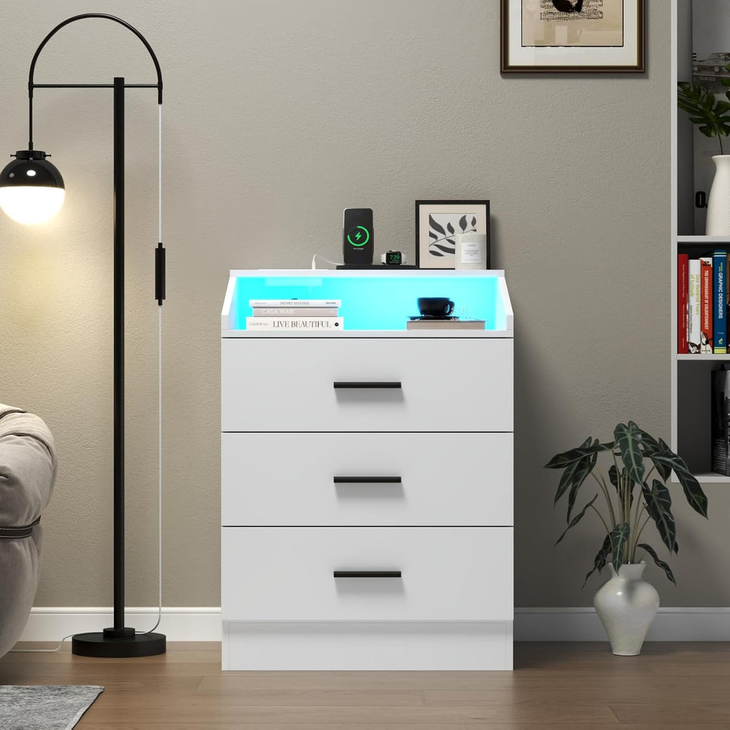 3 Drawer Dresser for Bedroom with Power Outlet, White Dresser with LED Light, Modern Dressers with Open Storage Cubby, Chest of Drawers Storage Organizer for Hallway, Living Room (White)…