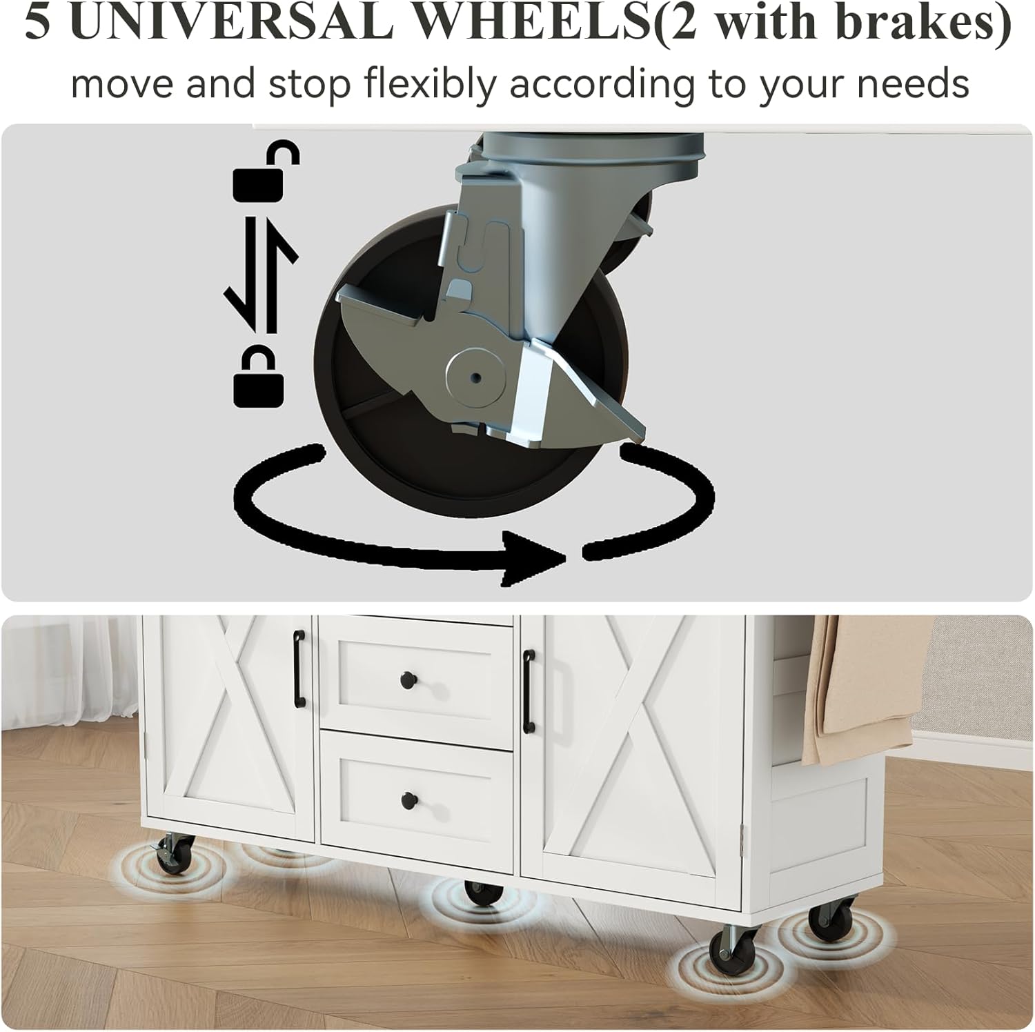 Rolling Kitchen Island Cart with Storage, Kitchen Island on Wheels with LED Lights & 3 Drawers, Side Table with Spice Rack & Towel Rack, Large Mobile Islands Table for Dining Room, White