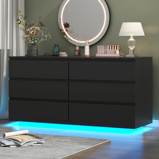 6 Drawer Dresser with Power Outlet, Floating White Dresser Chest of Drawer with LED Light,Modern Double Wide Drawer Organizer Cabinet for Bedroom,Living Room (Black)