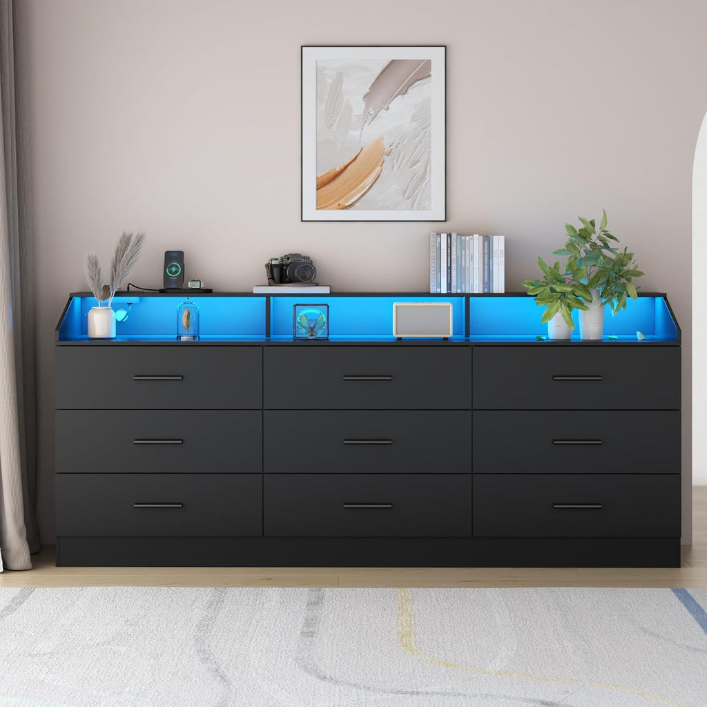 9 Drawers Dresser for Bedroom with Power Outlet, Chest of Drawers with LED Light, Modern Dressers with Open Storage Cubby, Triple Wide Dressers Organizer for Living Room (Black-)