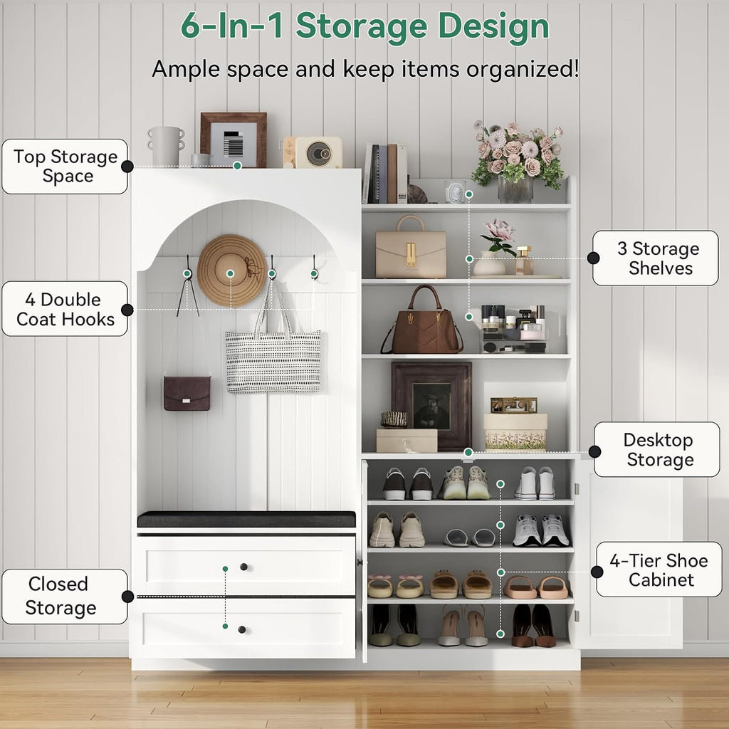 Large Hall Tree with Bench and Shoe Rack for Entryway, 71'' H x 59'' W