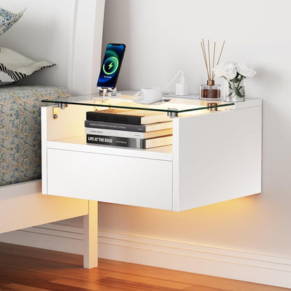 Floating Nightstand with Charging Station, Floating Night Stand with Charging Station and LED, Night Stand for Living Room, Entryway Wall, Bedroom White Nightstand