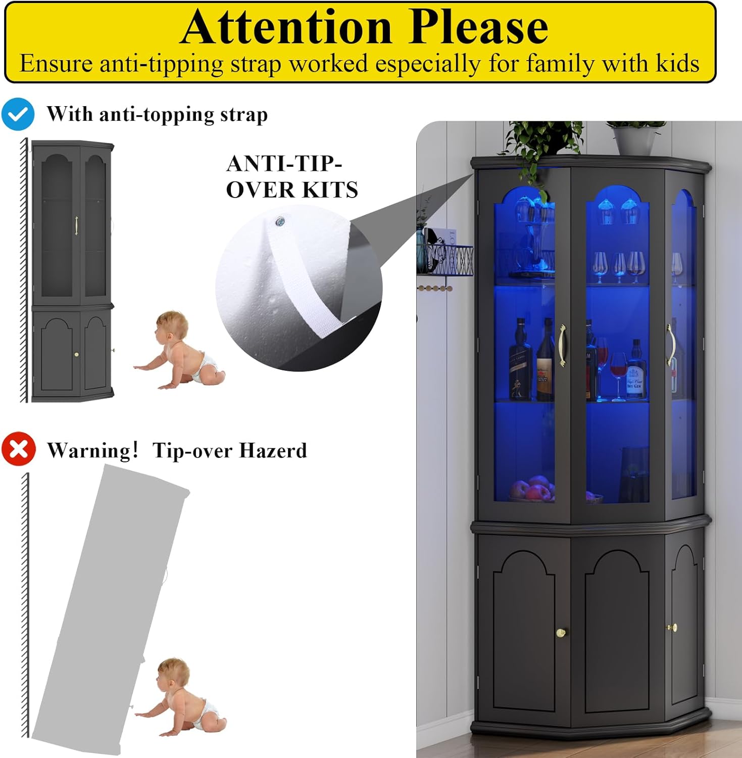 Corner Bar Cabinet w/LED Lights, Tall Modern Wine Cabinet with Tempered Glass Door & Adjustable Shelves, Home Bar Liquor Storage Cabinet with Glass Rack for Living Room, Dining Room (Black)