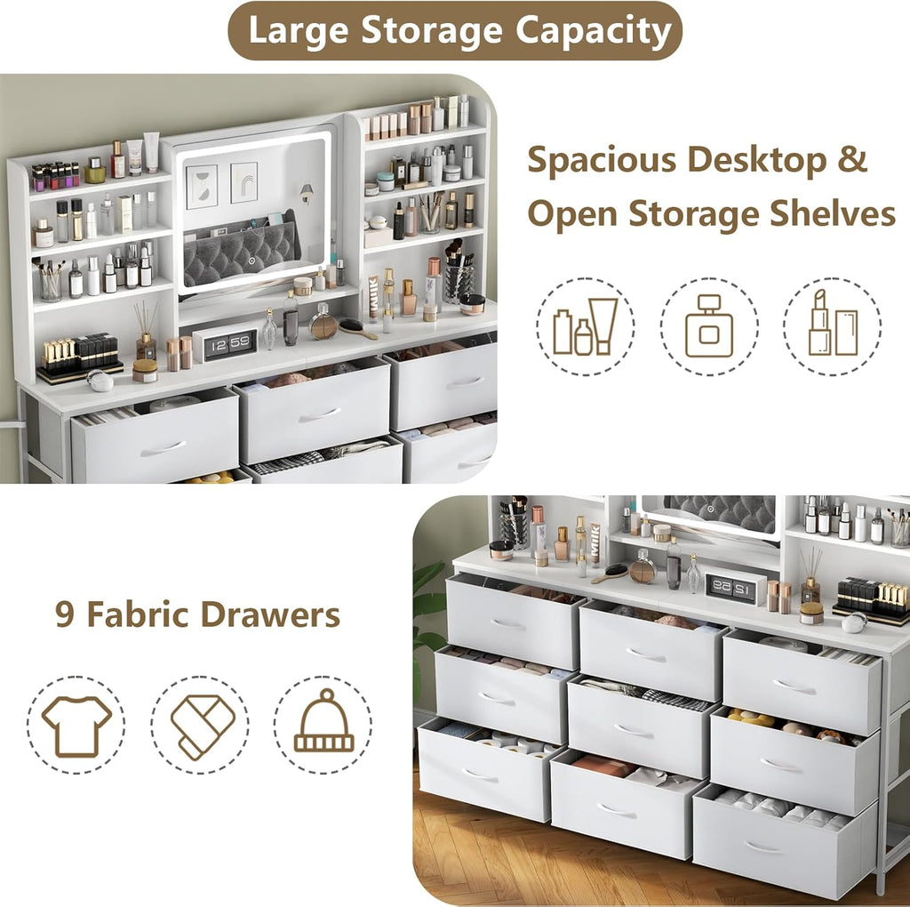 Dresser with Mirror for Bedroom, 59" W Chest of Drawers with LED Mirror, White Dresser with 9 Large Fabric Drawers, Modern Makeup Table Vanity Desk with 6 Storage Shelves, 3 Lighting Modes