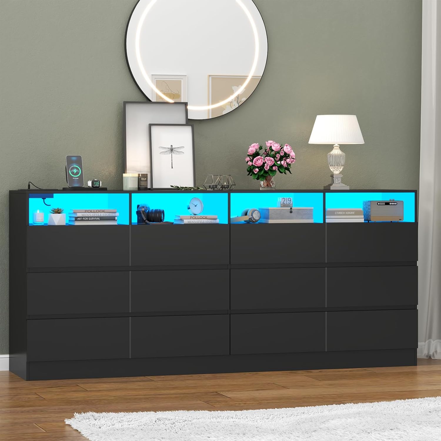 63" Wide 6-Drawer Black Dresser with Divided Compartments, Charging Station & LED Lights, TV Stand for TVs up to 75", Large Organizer with 4 Open Cubbies