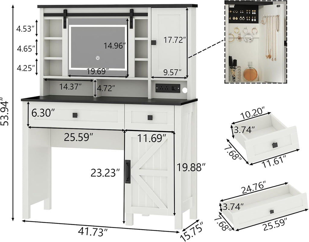 Farmhouse Makeup Vanity Desk with Sliding Mirror and Lights, 42" White Vanity Set with Charging Station & 2 Drawers & 2 Cabinets, Dressing Table for Bedroom (White)