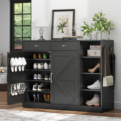 Loomie 5-Tier Shoe Cabinet with 4 Side Cubbies, Farmhouse Shoe Rack Cabinet with 6 Adjustable Shelves & 2 Drawers, Freestanding Shoe Storage Cabinet with 4 Brackets & 2 Hooks for Entryway (White)