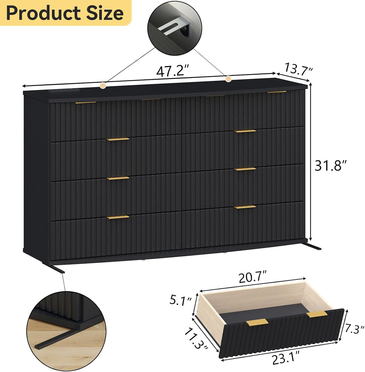 8 Drawer Dresser with Fluted Panel, 47.25" Wide Black Chest of Drawers with Power Outlet, Wooden Dresser Organizer with Sturdy Metal Handle, Modern Dresser TV Stand for Bedroom, Living Room, Entryway