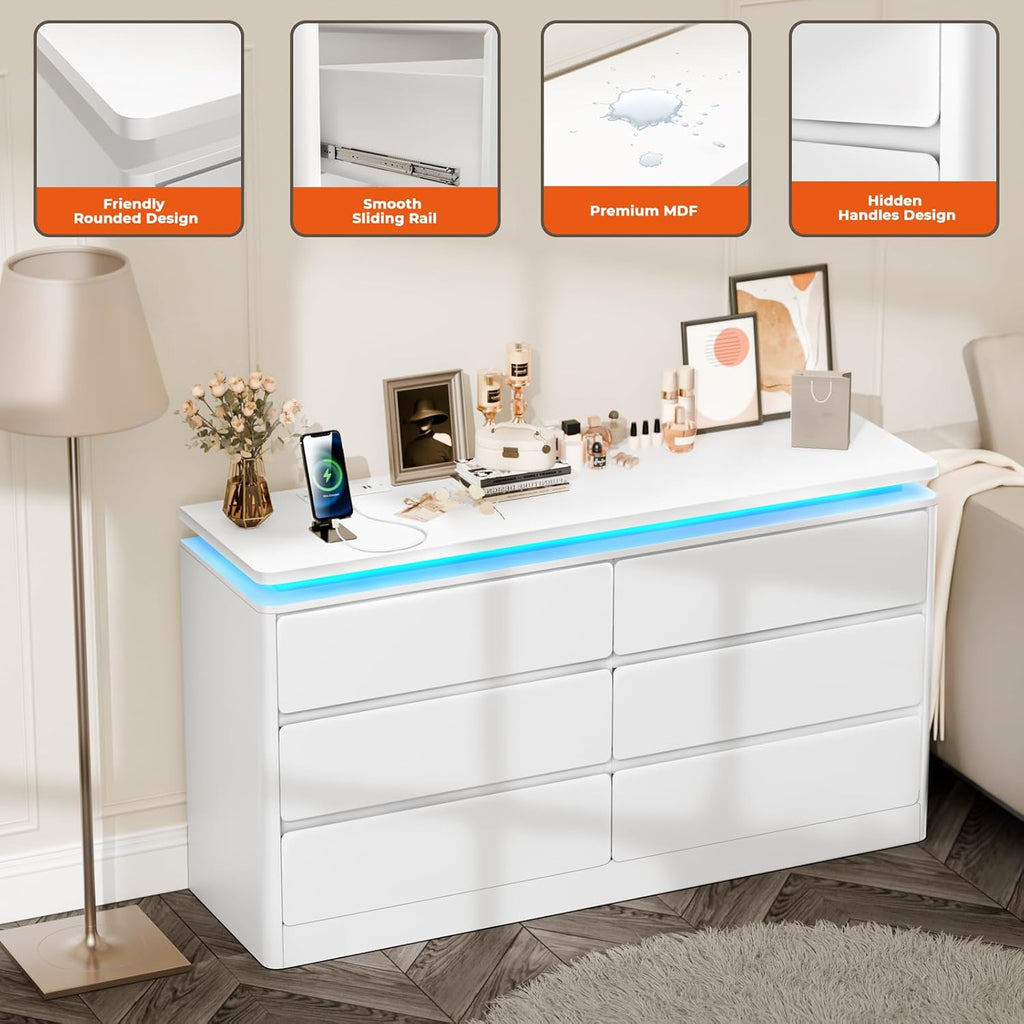 6 Drawer White Dresser for Bedroom, 47.2" Long Chest of Drawers with Charging Station & LED Lights, Double Wooden Storage Cabinet Dresser for Closet,Modern TV Stand with Deep Drawers