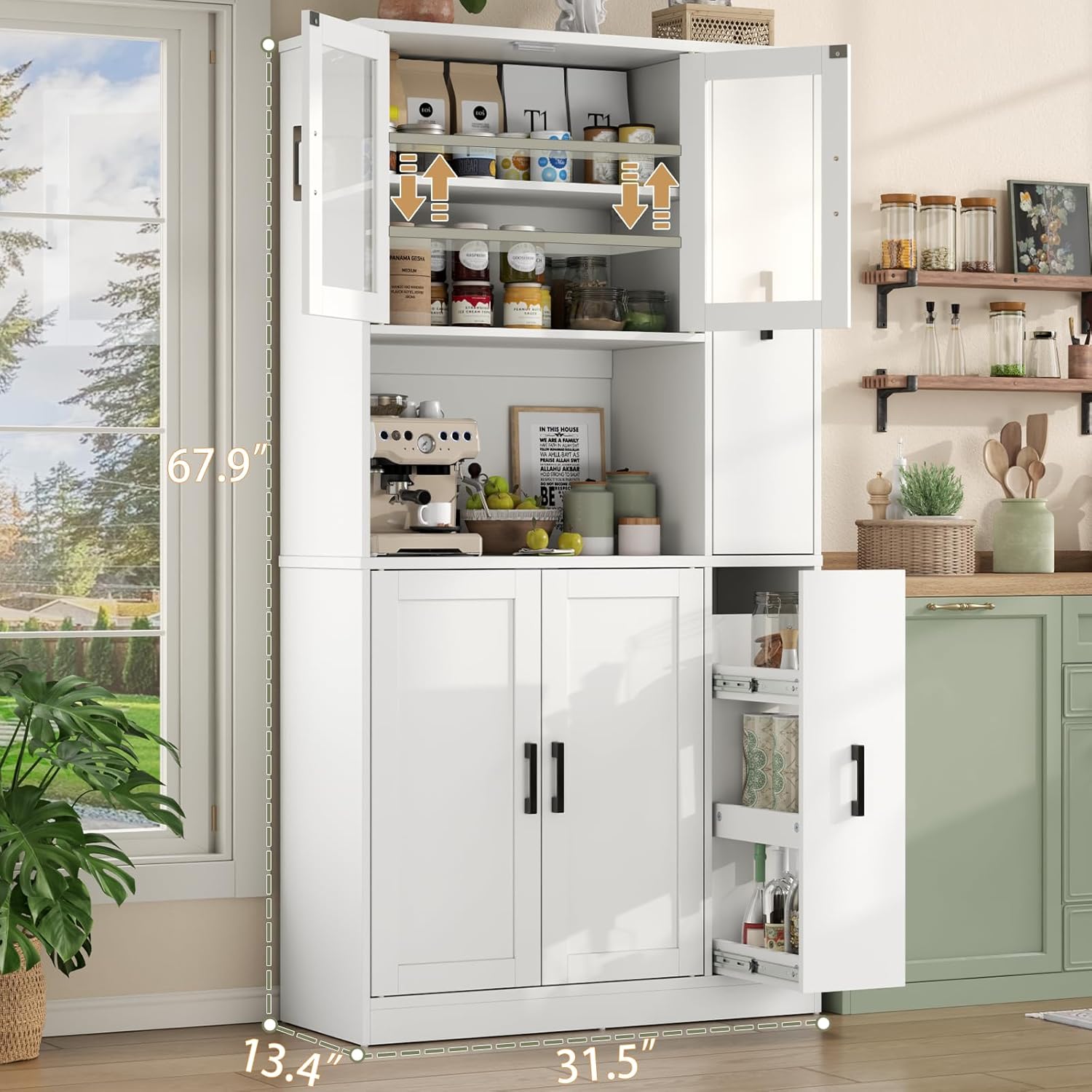 68" Tall Kitchen Pantry Cabinet with Side Drawer, Kitchen Pantry Storage Cabinet with Glass Door,Freestanding Food Hutch with Microwave Stand for Dining Room (White)