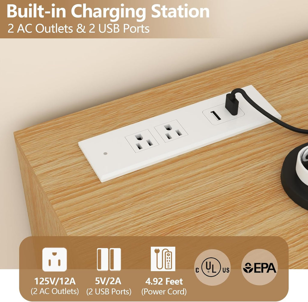 6 Drawer Dresser with Power Outlet & LED Light, Modern Chest of Drawers with 2 Open Cubbies, Double Wide Drawer Dresser Organizer, TV Stand for Bedroom, Entryway (White & Light Wood)