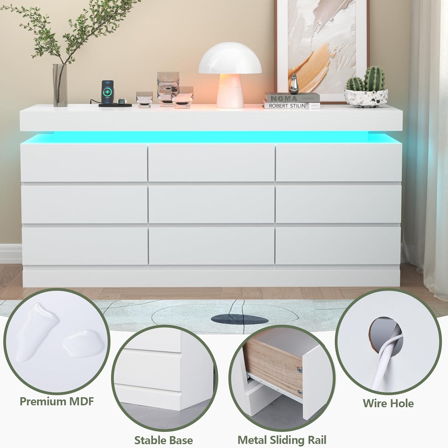 9 Drawer Dresser with Power Outlet, Dresser with LED Light, Modern Chest of Drawers for Closet, Double Wide Drawer Organizer Cabinet for Bedroom, Living Room (White, 9 Drawers)