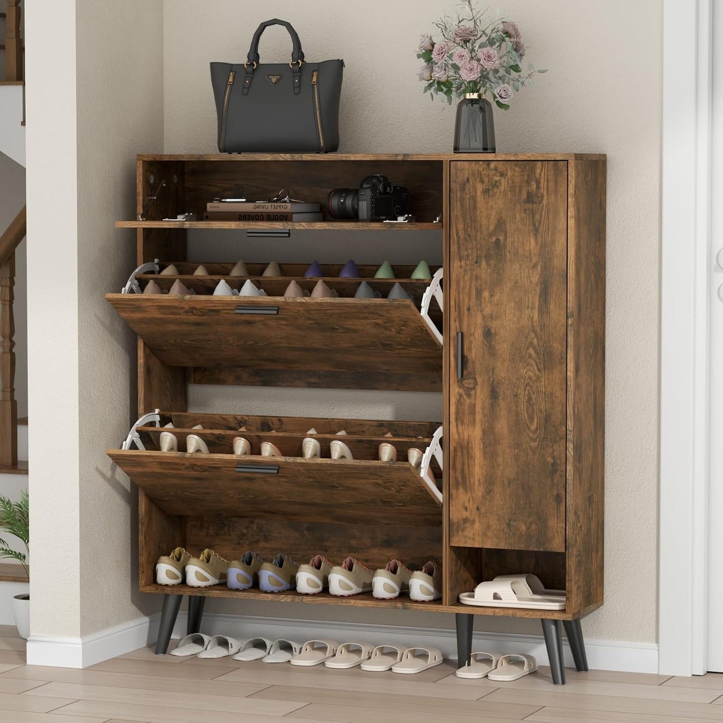 Shoe Storage Cabinets, 16 Pairs Free Standing Shoe Organizer with 2 Flip Drawers for Entryway, Narrow 3 Tier Entryway Hidden Shoe Rack with Doors (Upgraded Rustic)