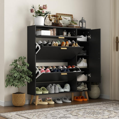 Shoe Storage Cabinets, 16 Pairs Free Standing Shoe Organizer with 2 Flip Drawers for Entryway, Narrow 3 Tier Entryway Hidden Shoe Rack with Doors (Upgraded Black)