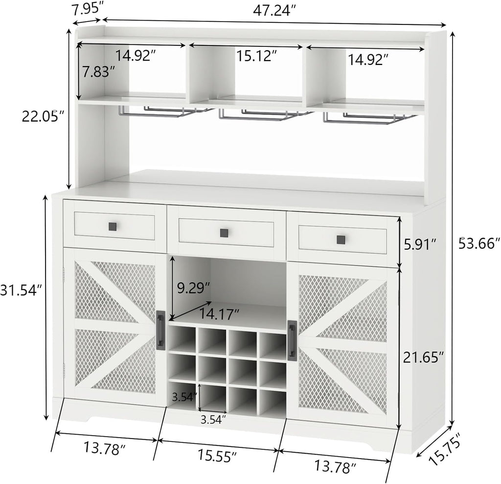 Farmhouse Wine Bar Cabinet with LED Lights, Kitchen Coffee Bar Cabinet with Acrylic Mirror, Wine & Glass Rack, Storage Shelves and 3 Drawers (2-Tier Hutch)
