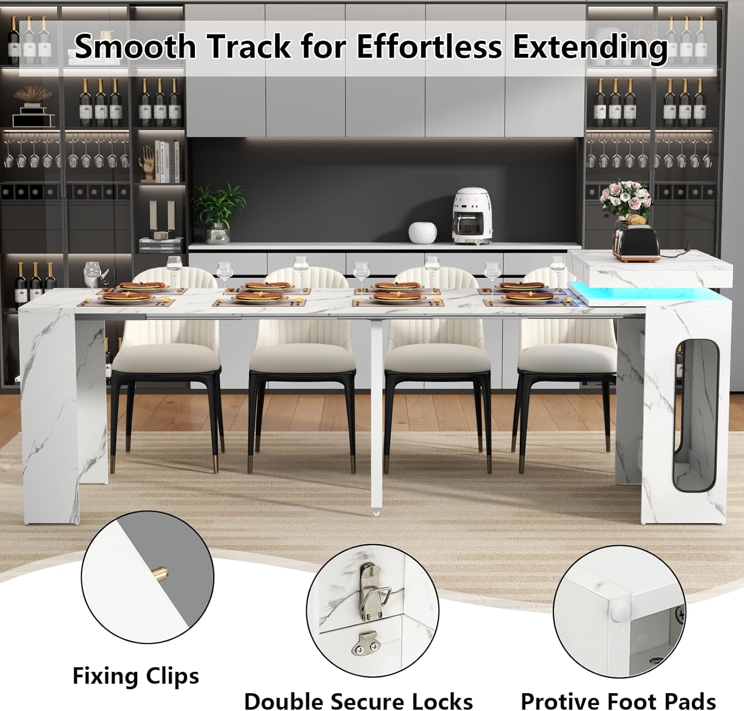 Extendable Dining Table with Charging Station & LED Lights, 19.7" to 98.4" White Faux Marble Dining Table, Rectangle Console Table for 2-8, Modern Space Saving Kitchen Island Table (No Chairs)