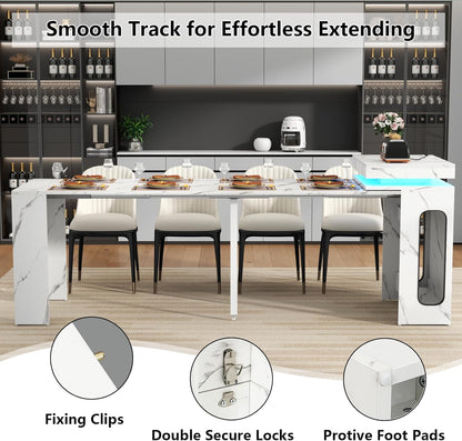 Extendable Dining Table with Charging Station & LED Lights, 19.7" to 98.4" White Faux Marble Dining Table, Rectangle Console Table for 2-8, Modern Space Saving Kitchen Island Table (No Chairs)