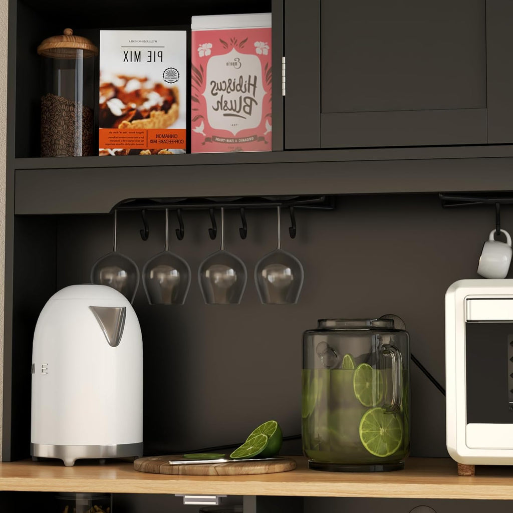 Kitchen Pantry Storage Cabinet,Freestanding Buffet Cabinet with Wine Glass Holder and 2 drawers,Food Pantry with Doors and Shelves,Tall Kitchen Hutch with Microwave Stand for Kitchens (Black)