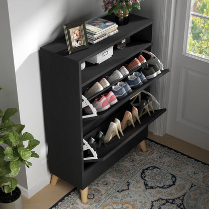 Shoe Storage Cabinets, 16 Pairs Free Standing Shoe Organizer with 2 Flip Drawers for Entryway, Narrow 3 Tier Entryway Hidden Shoe Rack with Doors (Black)