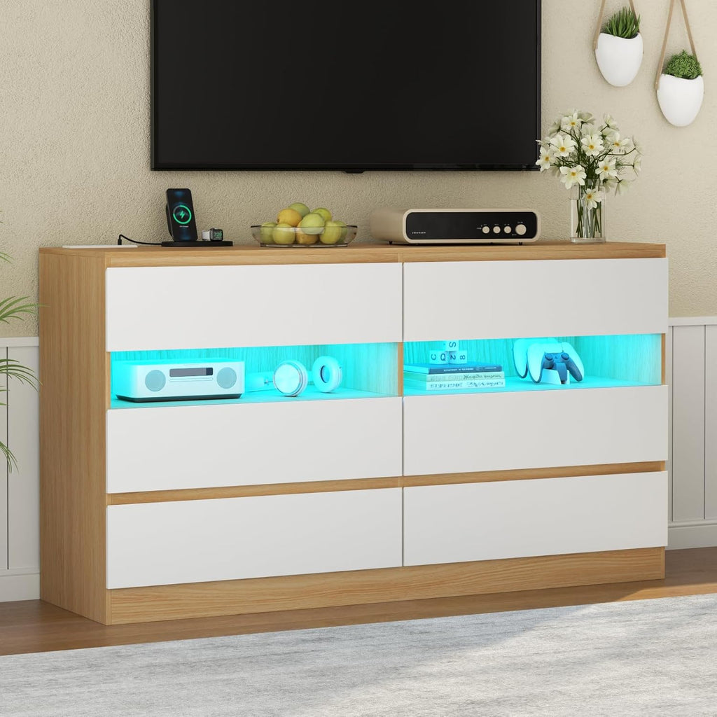 6 Drawer Dresser with Power Outlet & LED Light, Modern Chest of Drawers with 2 Open Cubbies, Double Wide Drawer Dresser Organizer, TV Stand for Bedroom, Entryway (White & Light Wood)