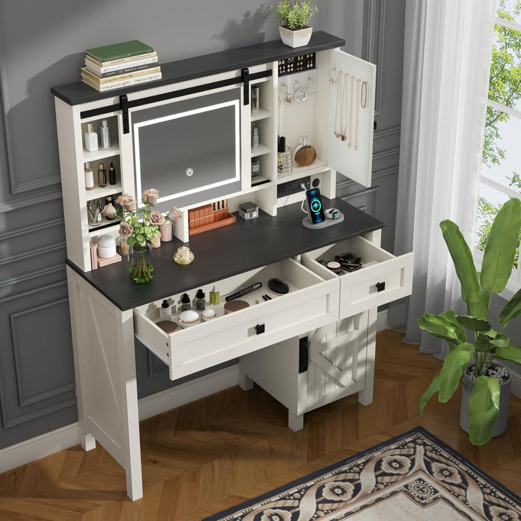 Farmhouse Makeup Vanity Desk with Sliding Mirror and Lights, 42" White Vanity Set with Charging Station & 2 Drawers & 2 Cabinets, Dressing Table for Bedroom (White)
